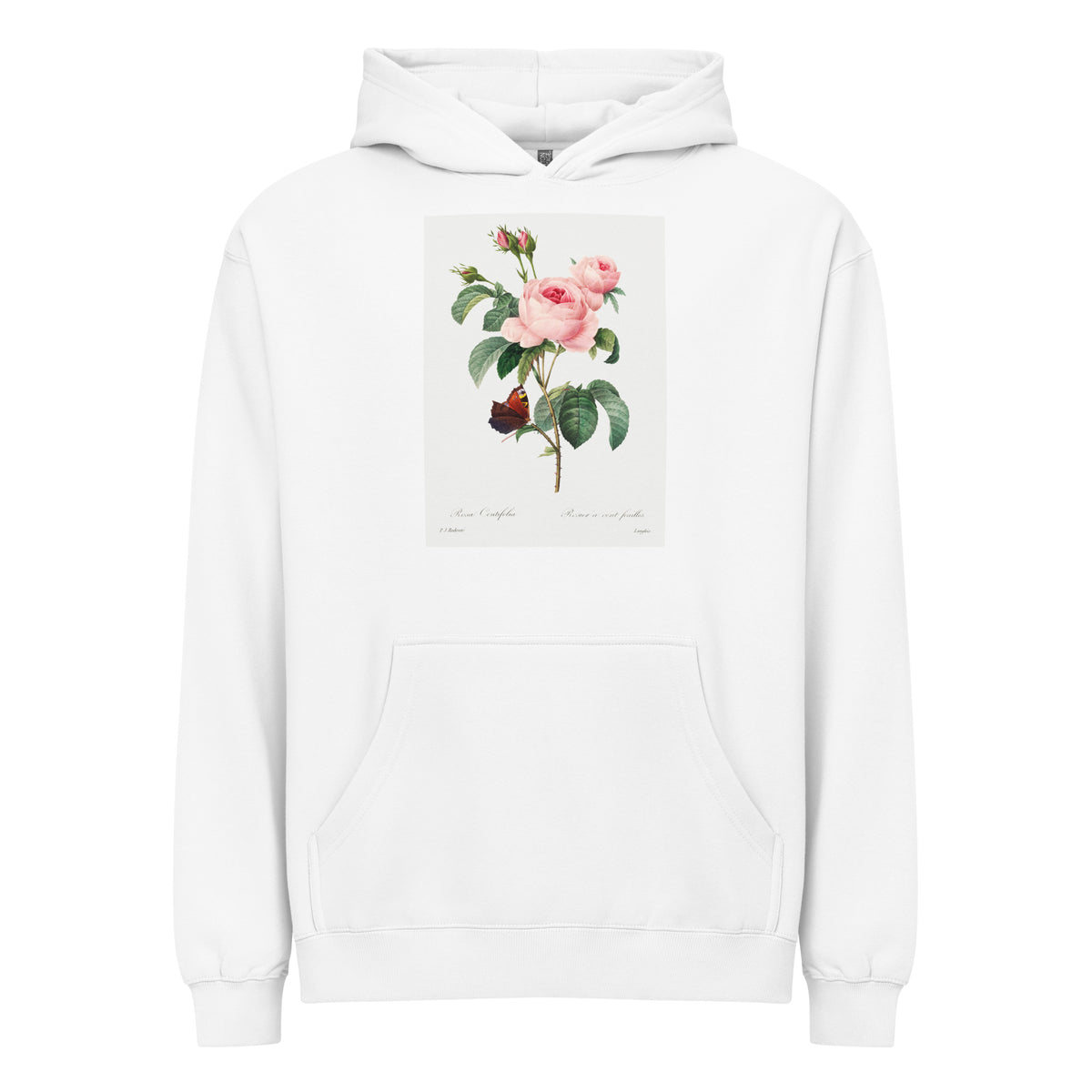 White Hoodie Cabbage Rose - Pierre-Joseph Redoute 1759 Signature