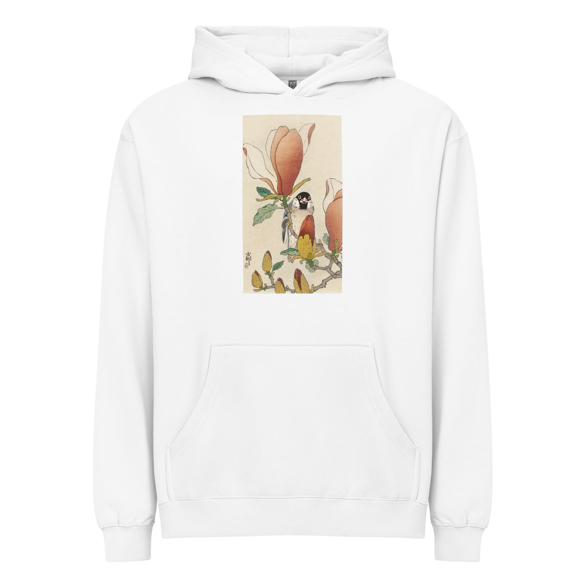 White Hoodie Sparrow On Blooming Magnolia Branch - Ohara Koson 1900 Signature