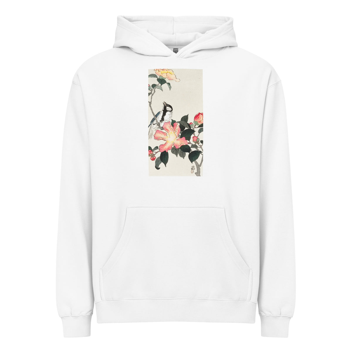 White Hoodie Great Tit On Branch With Pink Flowers - Ohara Koson 1900 Signature