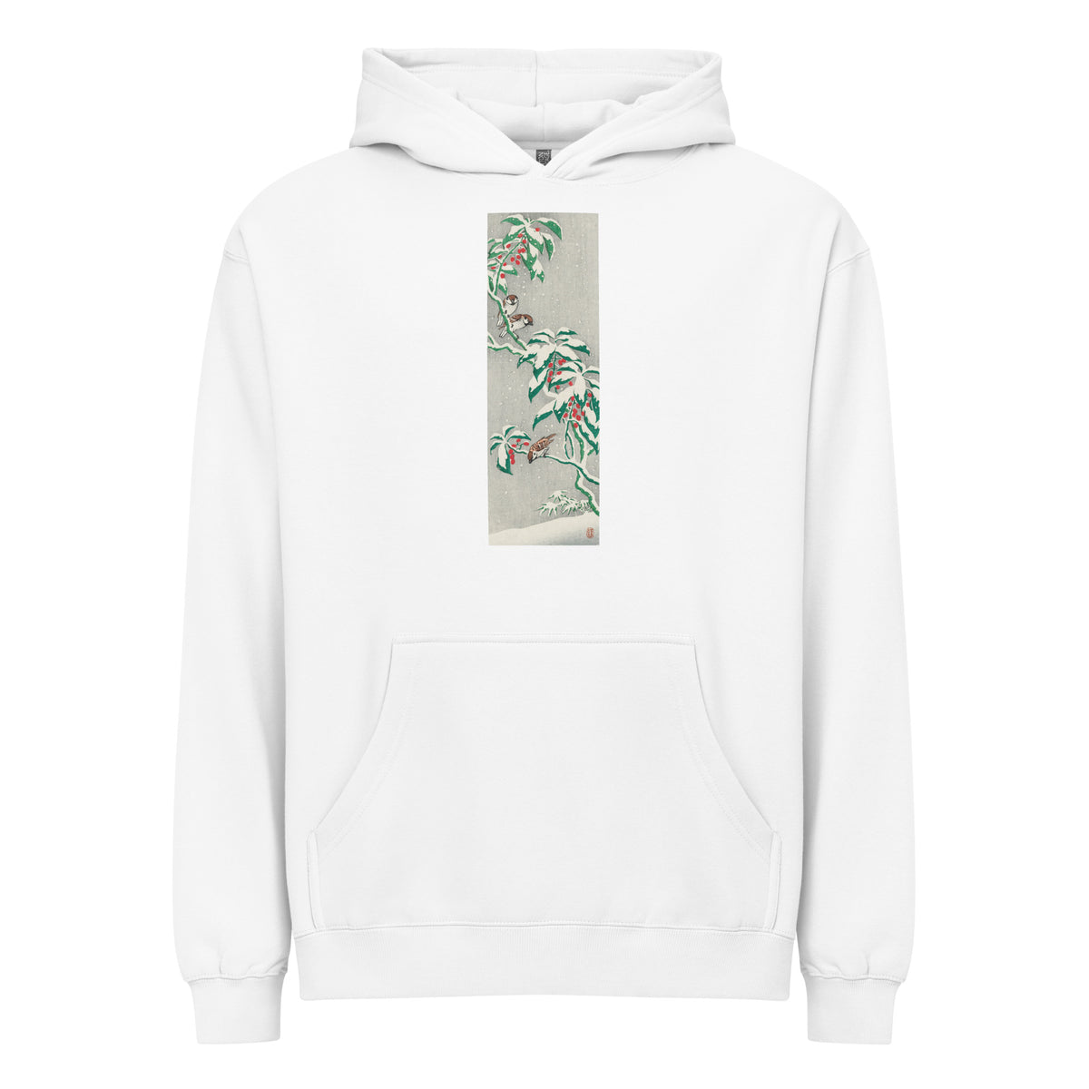 White Hoodie Sparrows On Snowy Berry Bush Signature