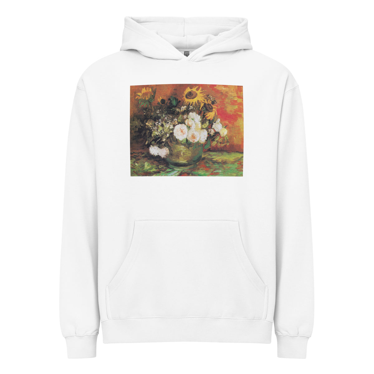 White Hoodie Vincent Van Gogh S Bowl With Sunflowers Roses And Other Flowers Famous Painting Signature