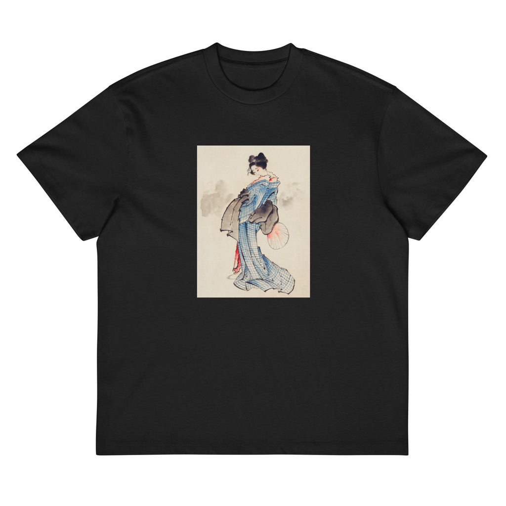 Black T-shirt Woman Full-Length Portrait Standing Facing Left Holding Fan In Right Hand Wearing Kimono With Check Design - Katsushika Hokusai 1760 Signature