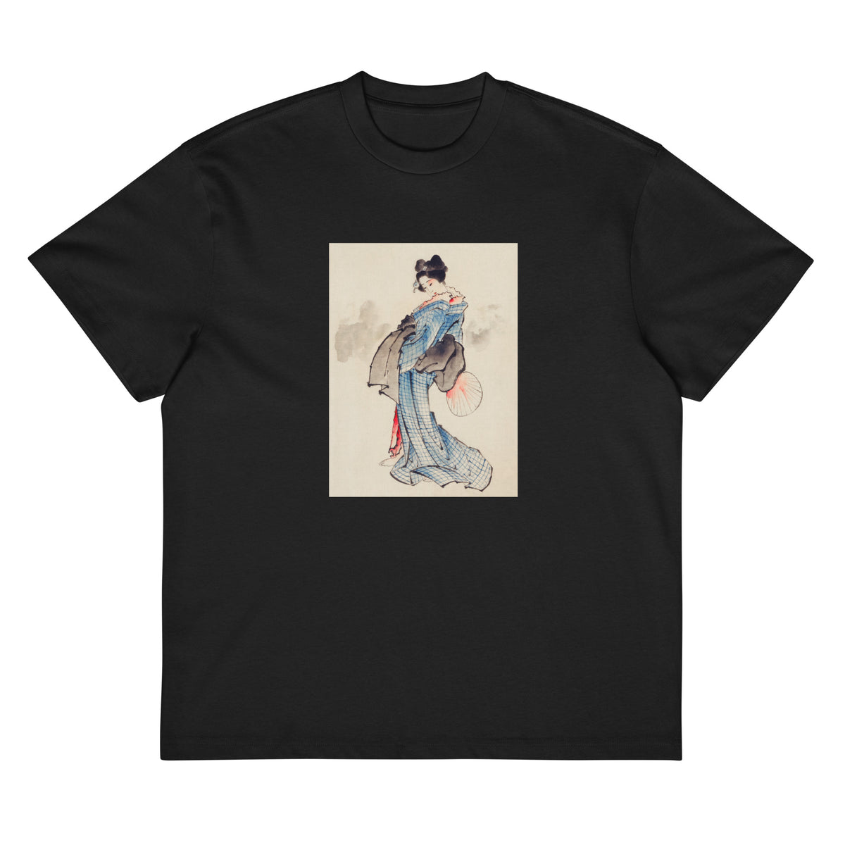 Black T-shirt Woman Full-Length Portrait Standing Facing Left Holding Fan In Right Hand Wearing Kimono With Check Design - Katsushika Hokusai 1760 Signature