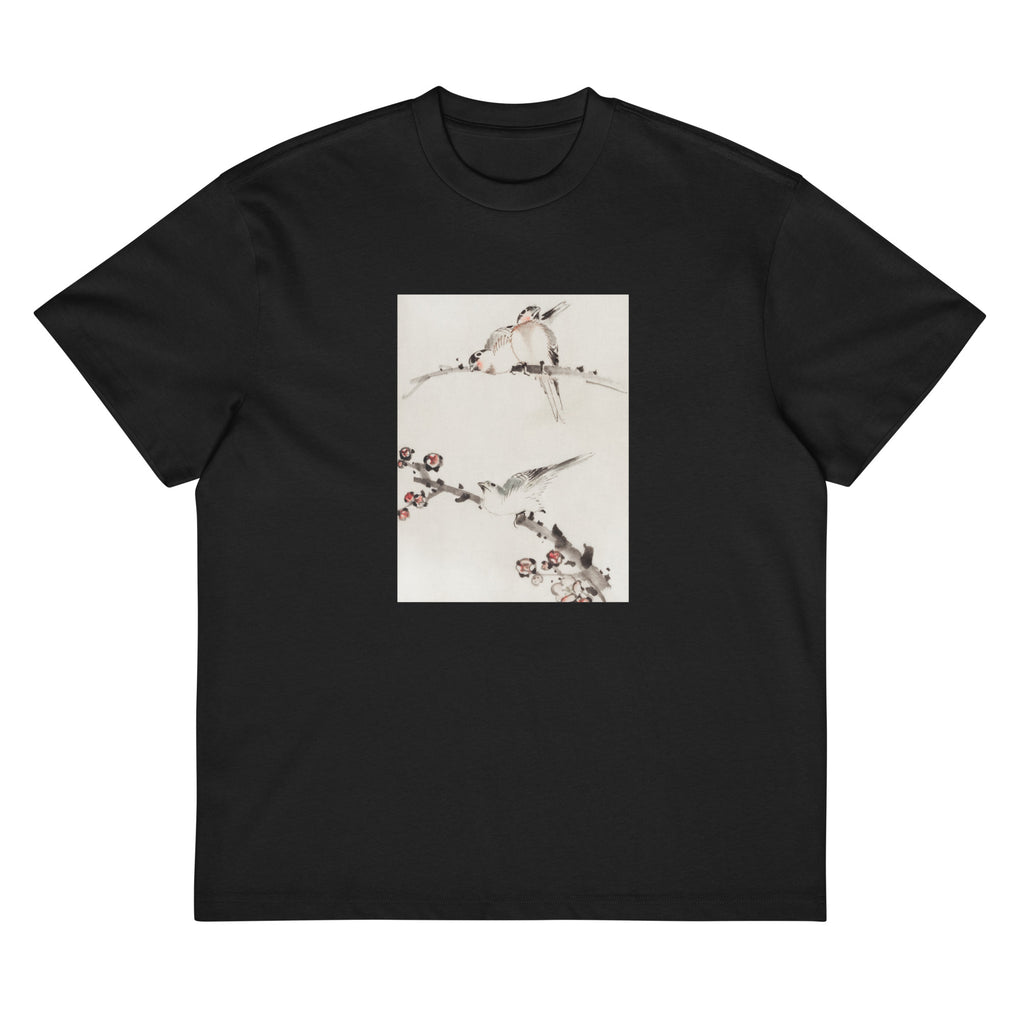 Black T-shirt Three Birds Perched On Branches One With Blossoms - Katsushika Hokusai Published Between 1830 And 1850 An Illustration Of Three Birds Perched On Branches One With Blossoms Signature