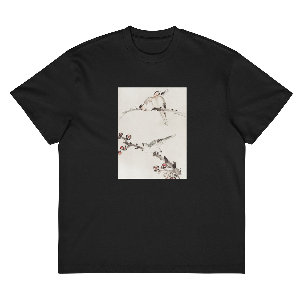 Black T-shirt Three Birds Perched On Branches One With Blossoms - Katsushika Hokusai Published Between 1830 And 1850 An Illustration Of Three Birds Perched On Branches One With Blossoms Signature