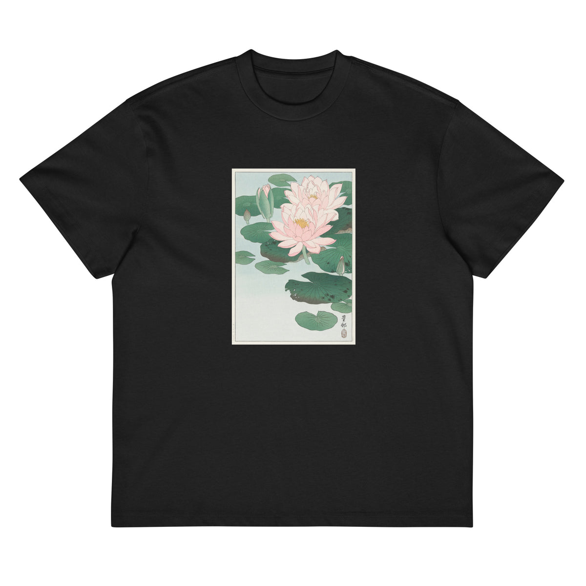 Black T-shirt Water Lily - Ohara Koson 1920 Signature