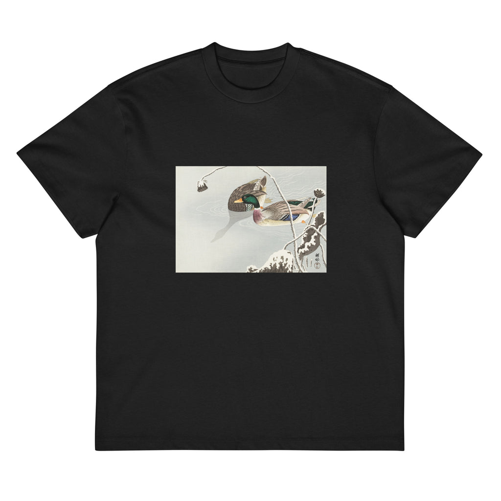 Black T-shirt Two Mallards Near A Snow-Covered Lotus - Ohara Koson 1925 Signature