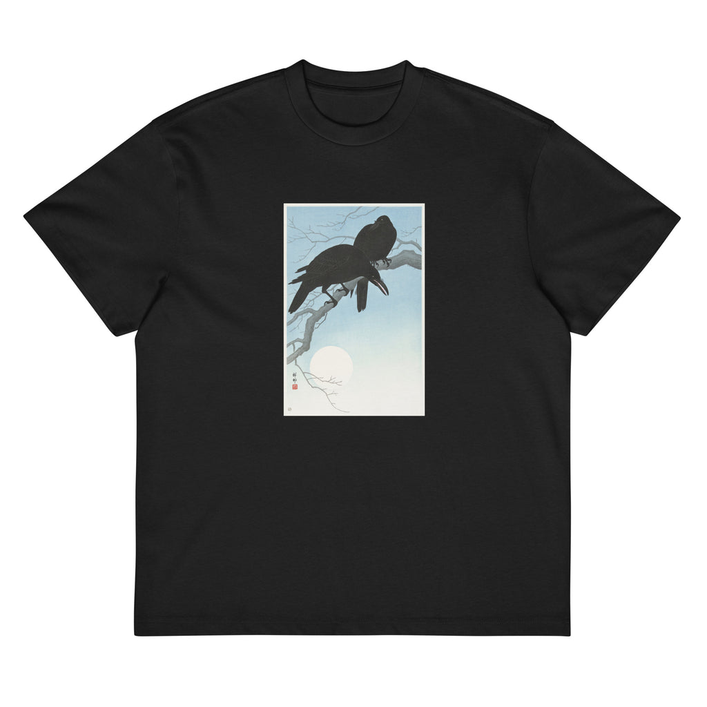 Black T-shirt Two Crows On A Branch - Ohara Koson 1927 Signature