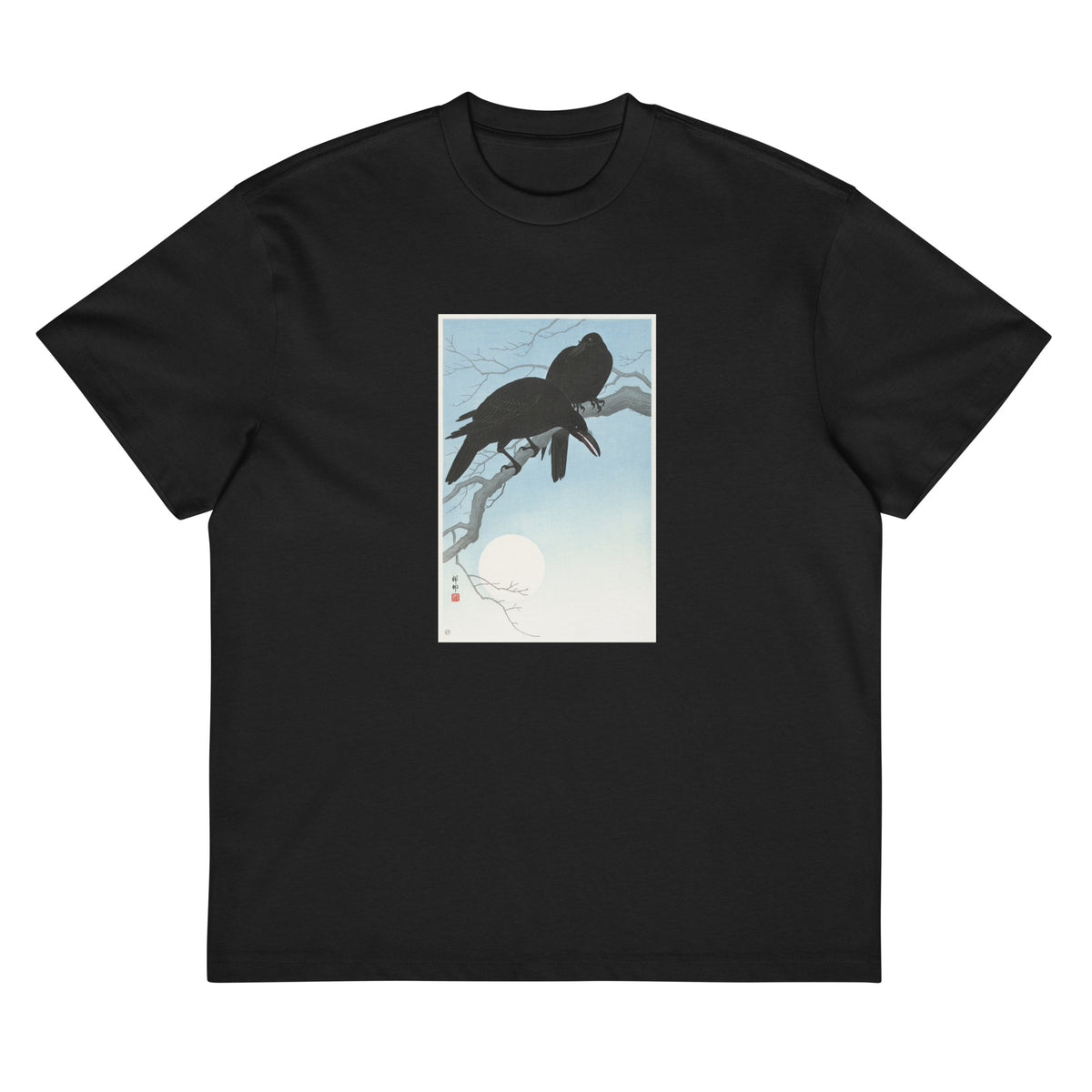 Black T-shirt Two Crows On A Branch - Ohara Koson 1927 Signature