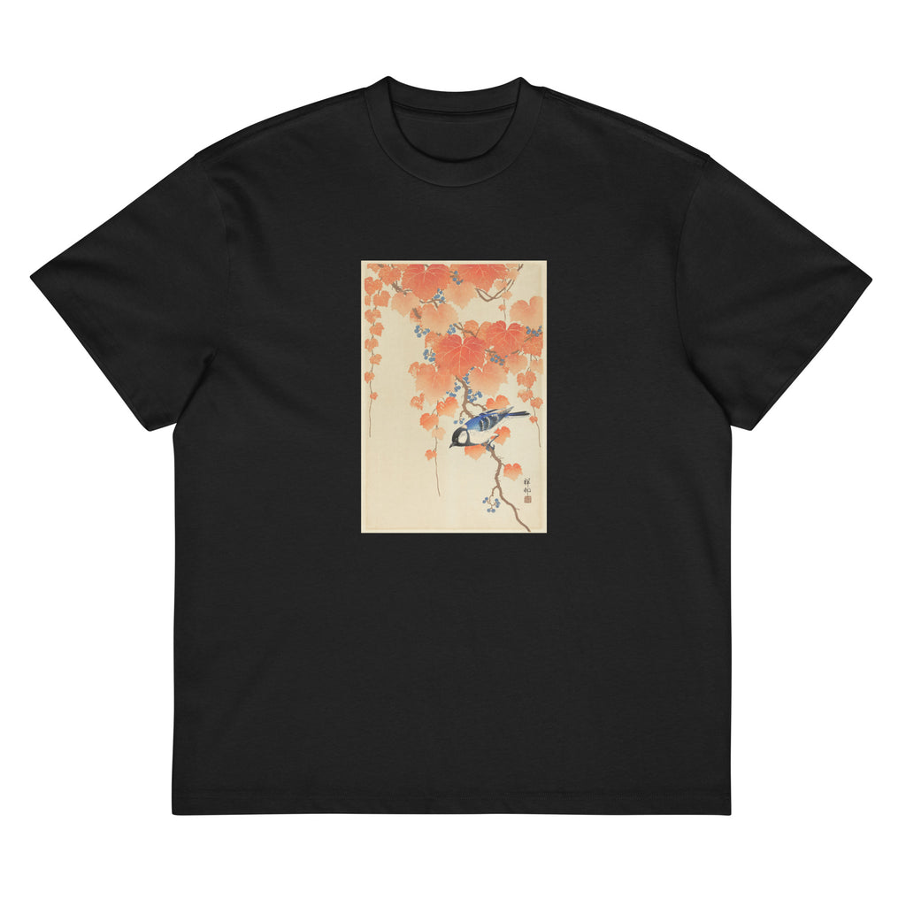 Black T-shirt Great Tit On Paulownia Branch - Ohara Koson 1925 Signature