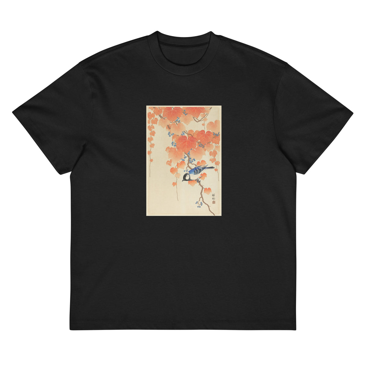 Black T-shirt Great Tit On Paulownia Branch - Ohara Koson 1925 Signature
