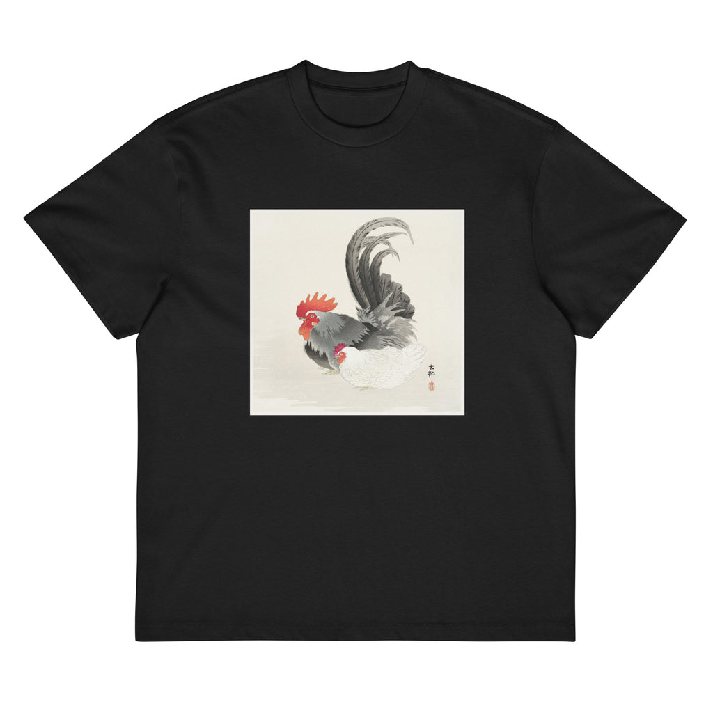 Black T-shirt Chicken And Cock - Ohara Koson 1900 Signature