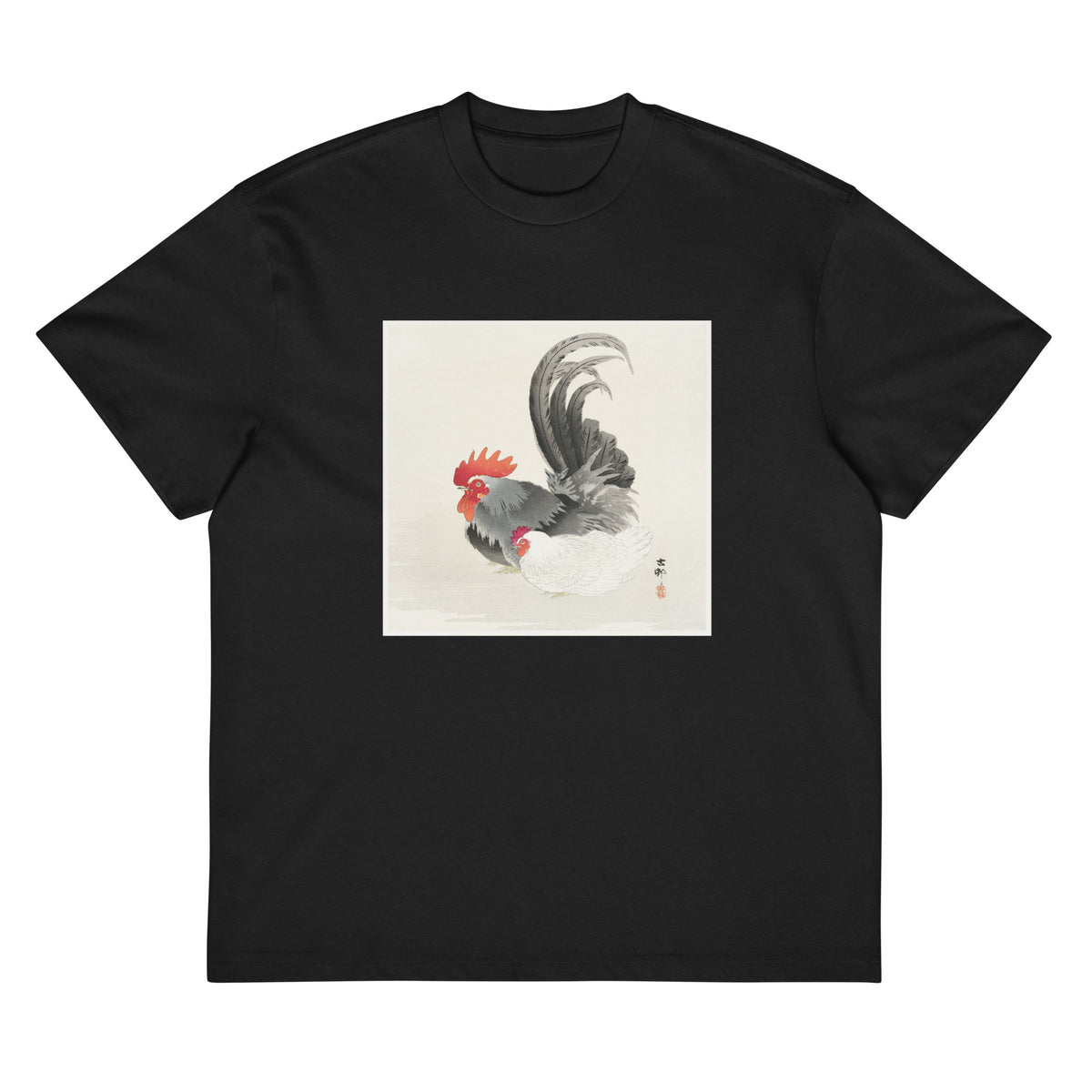 Black T-shirt Chicken And Cock - Ohara Koson 1900 Signature