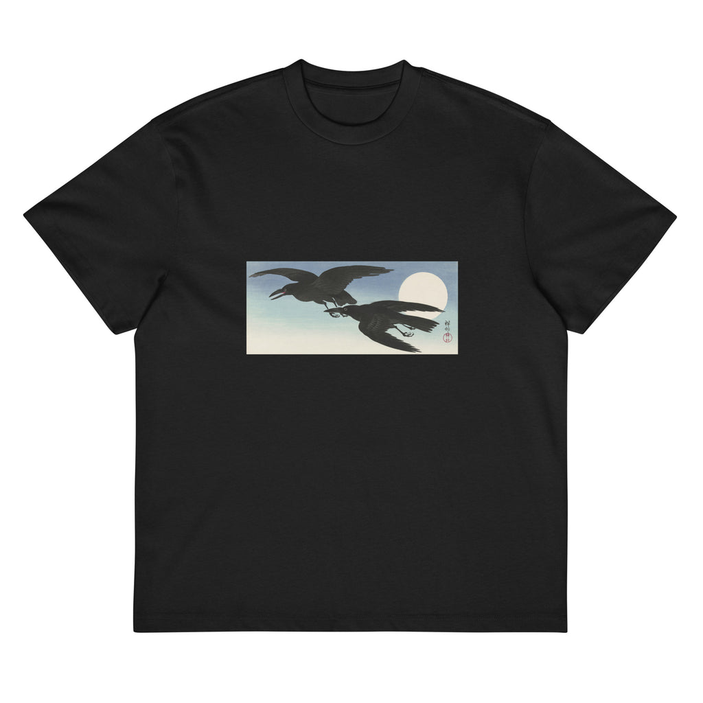 Black T-shirt Crows At Full Moon - Ohara Koson 1925 Signature