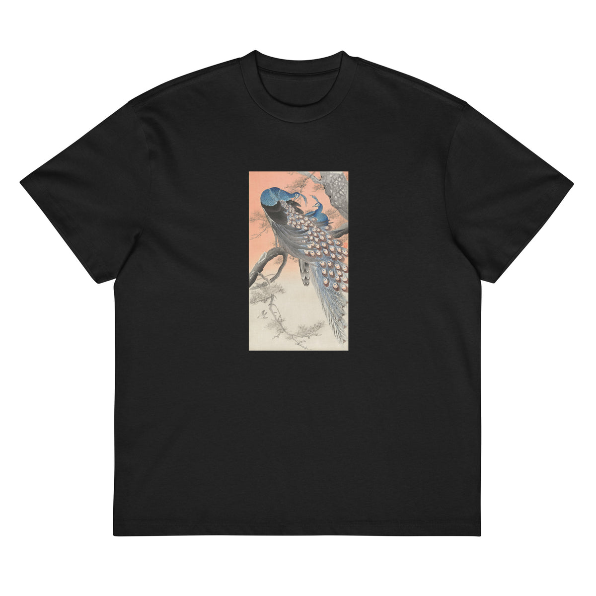 Black T-shirt Two Peacocks On Tree Branch - Ohara Koson 1900 Signature