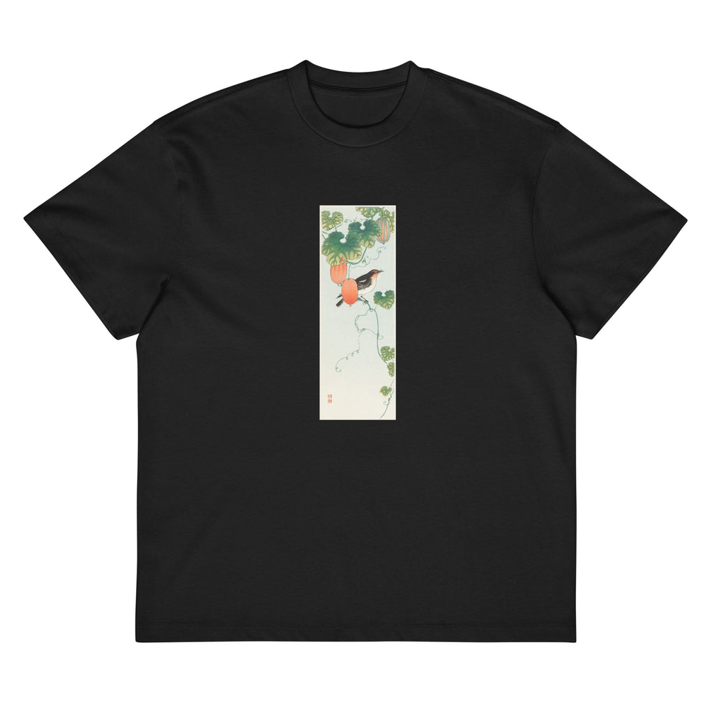 Black T-shirt Songbird In Cucumber Plant - Ohara Koson 1925 Signature