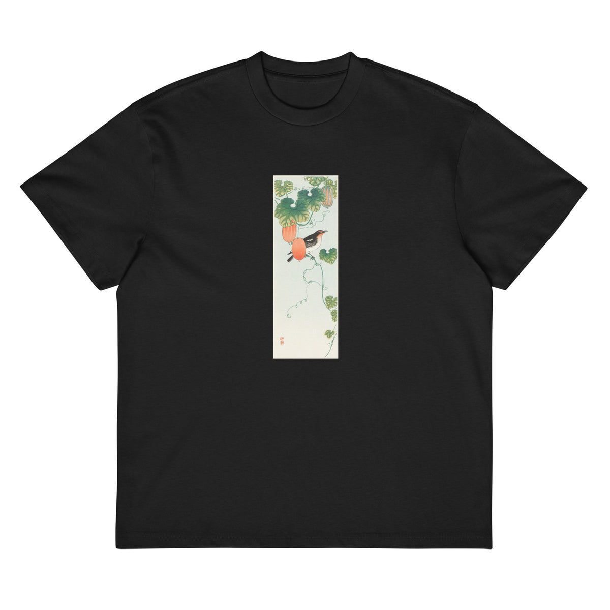 Black T-shirt Songbird In Cucumber Plant - Ohara Koson 1925 Signature