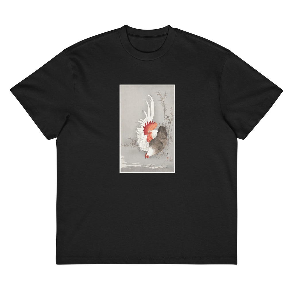 Black T-shirt Rooster And Chicken - Ohara Koson 1900 Signature