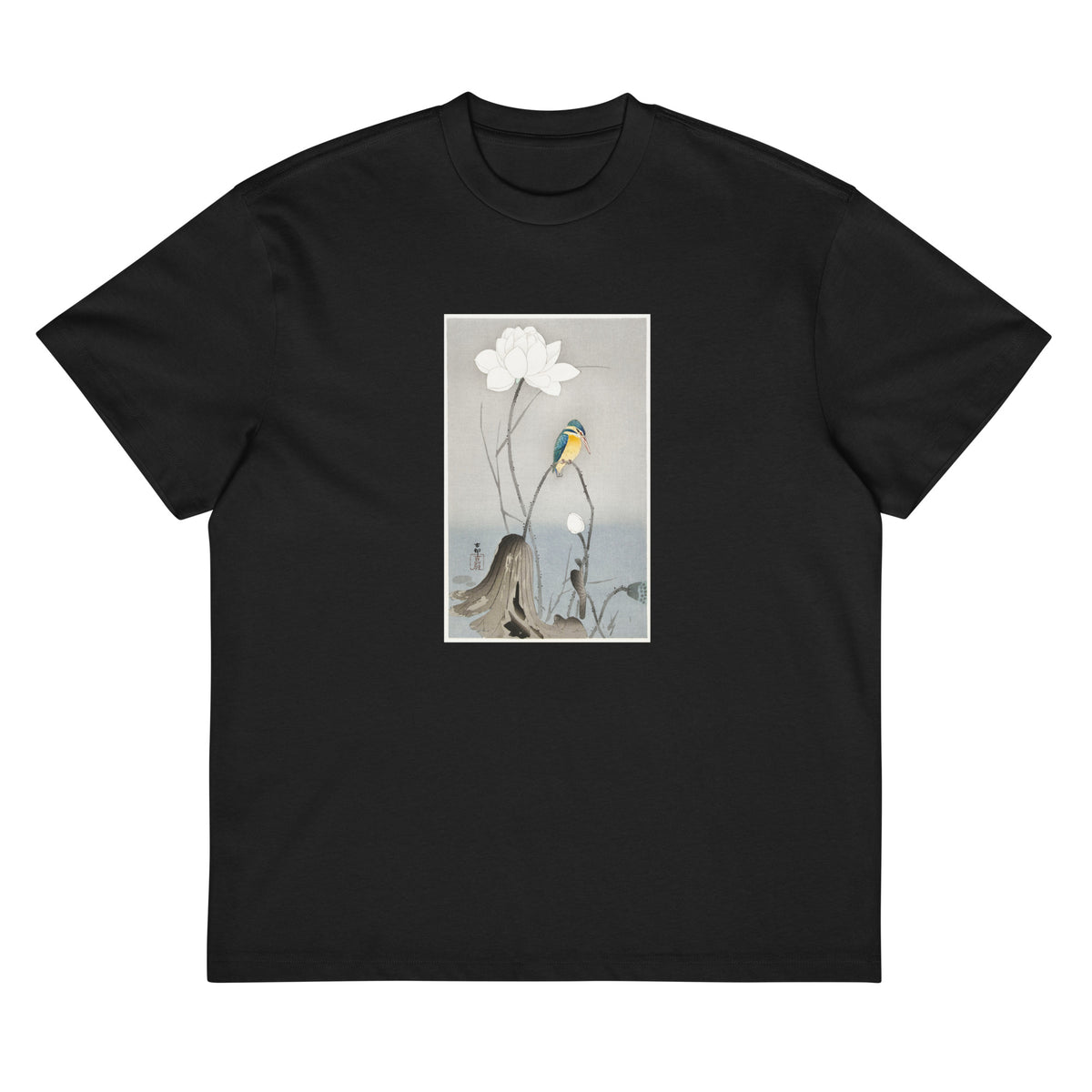 Black T-shirt Kingfisher With Lotus Flower - Ohara Koson 1900 Signature