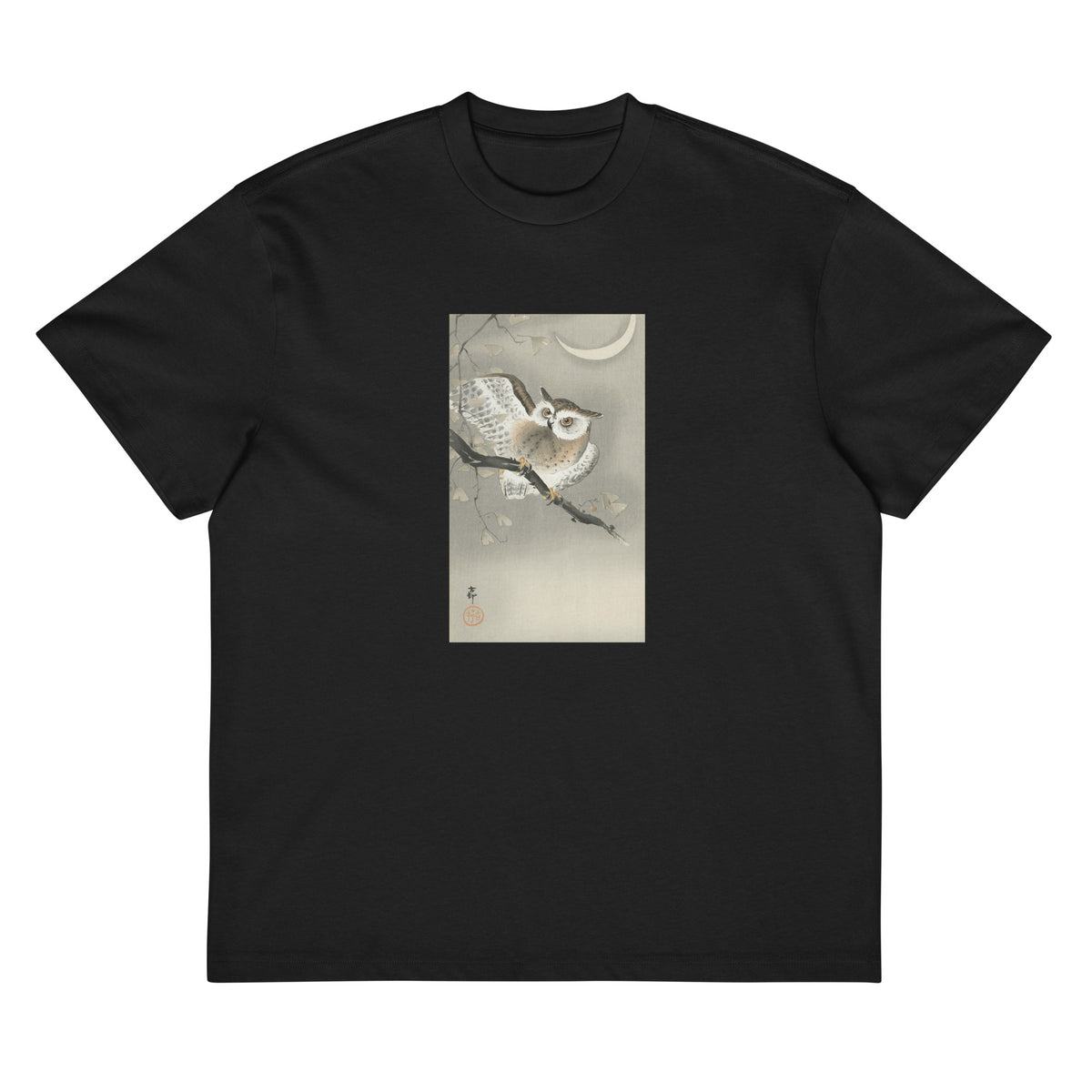 Black T-shirt Long-Eared Owl In Ginkgo - Ohara Koson 1900 Signature