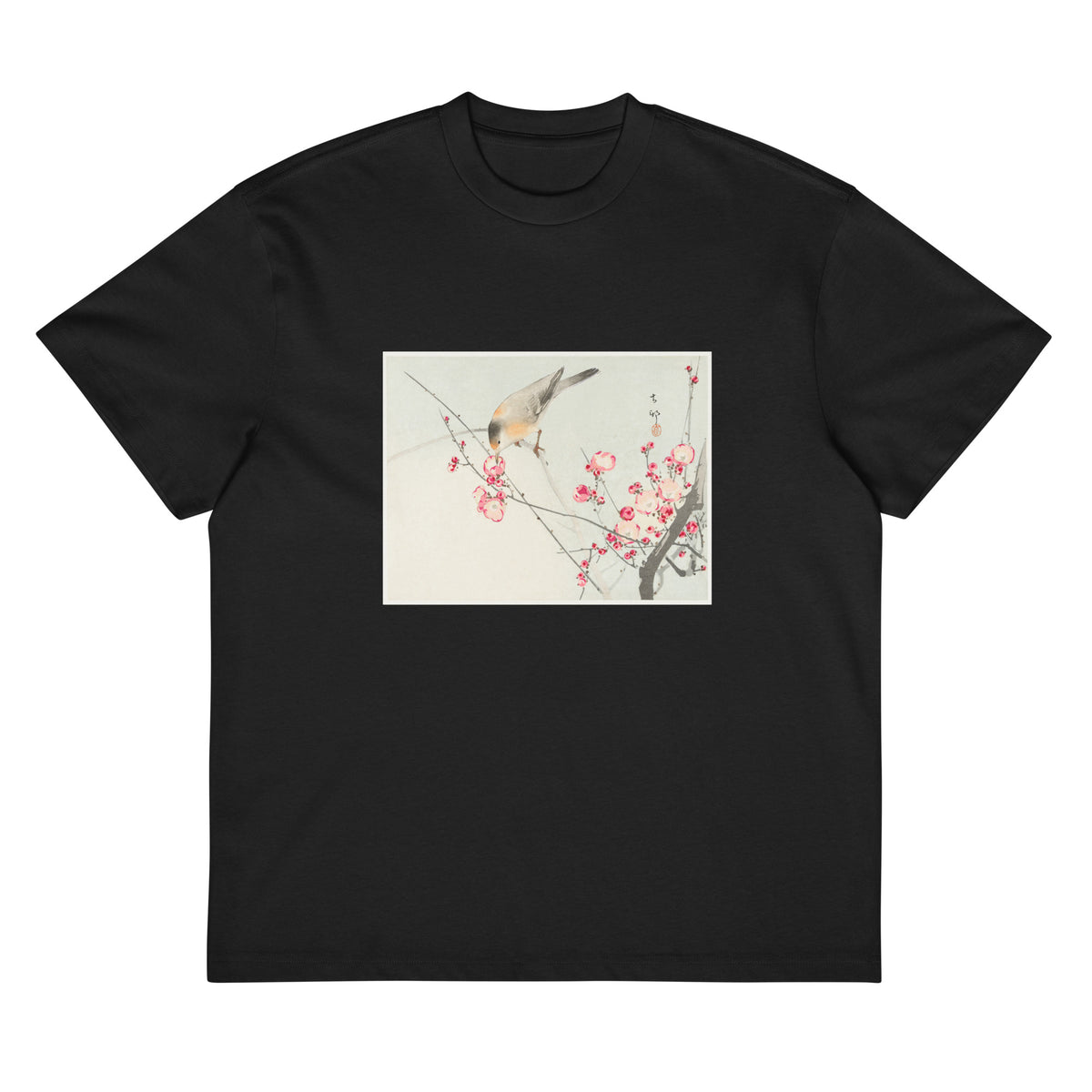 Black T-shirt Songbird On Blossom Branch - Ohara Koson 1900 Signature