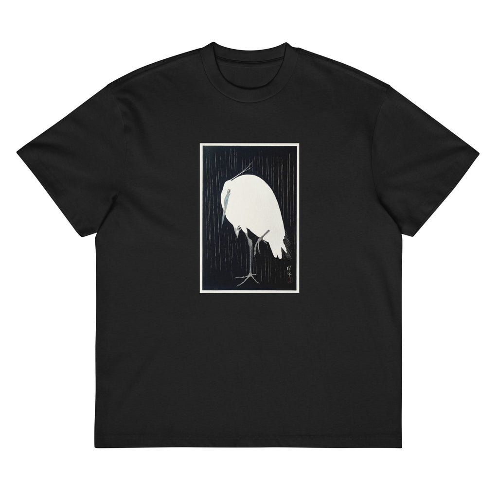 Black T-shirt Egret In The Rain - Ohara Koson 1925 Signature