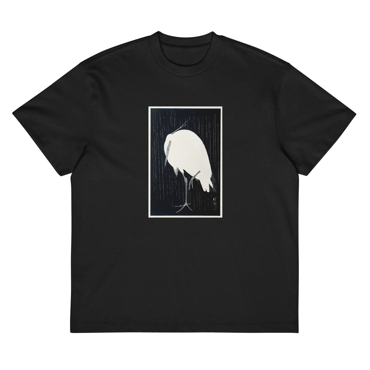 Black T-shirt Egret In The Rain - Ohara Koson 1925 Signature