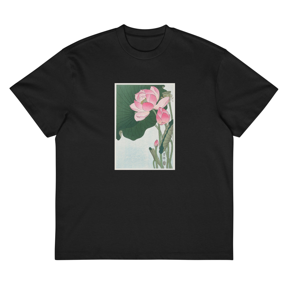 Black T-shirt Blooming Lotus Flowers - Ohara Koson 1920 Signature