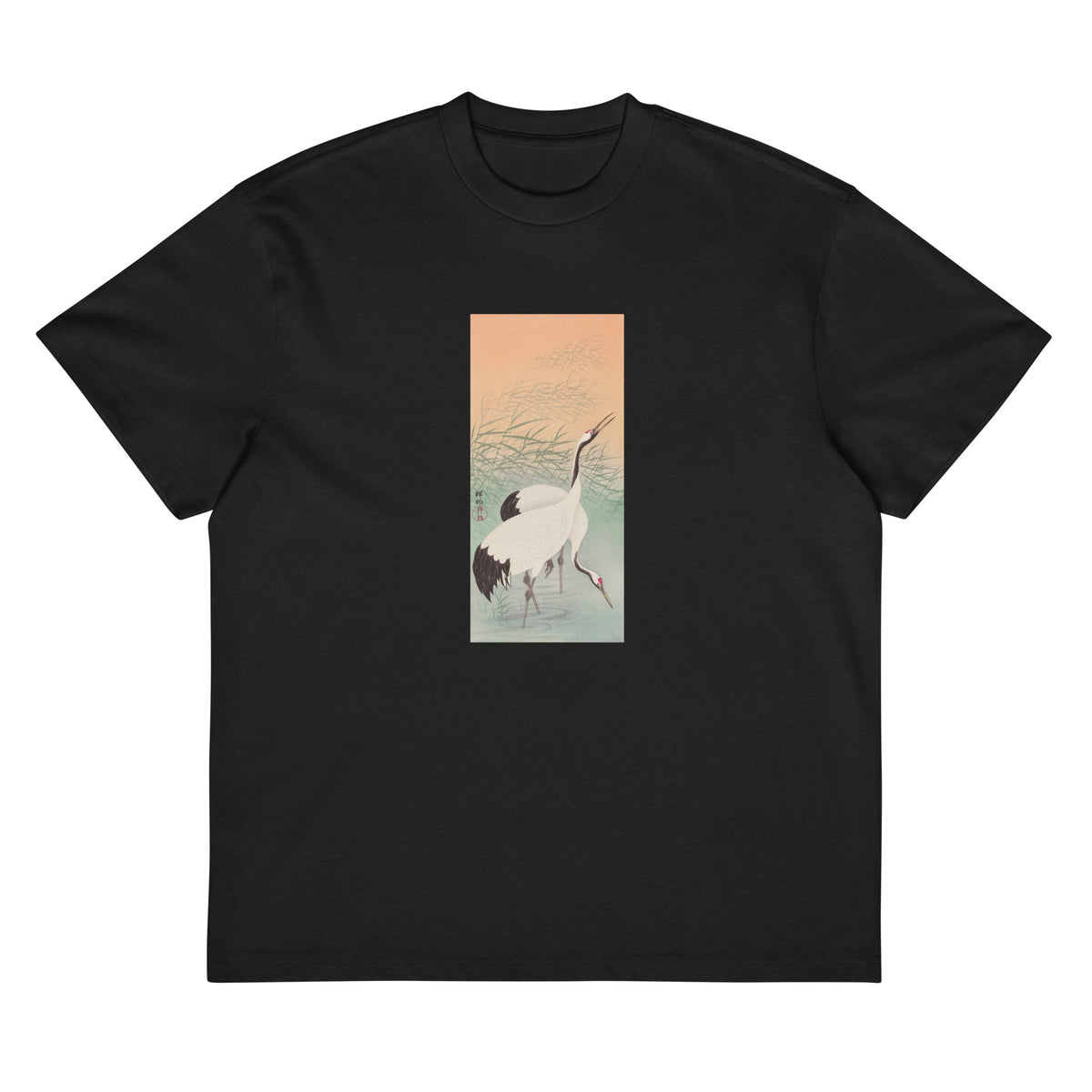 Black T-shirt Two Cranes - Ohara Koson 1925 Signature