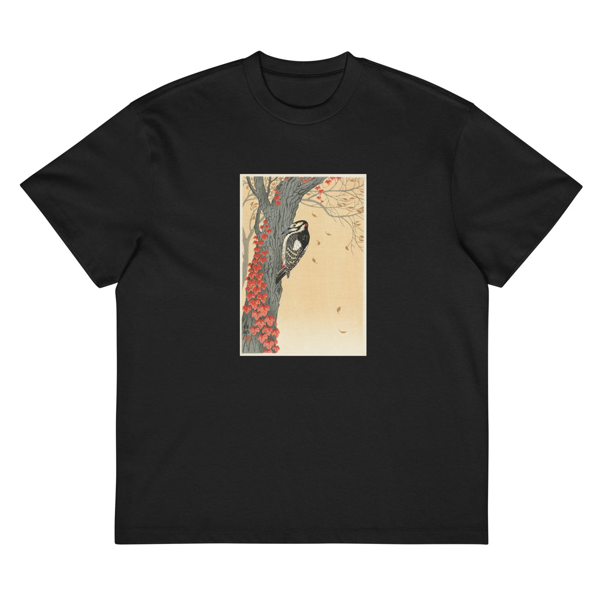 Black T-shirt Great Spotted Woodpecker In Tree With Red Ivy - Ohara Koson 1925 Signature