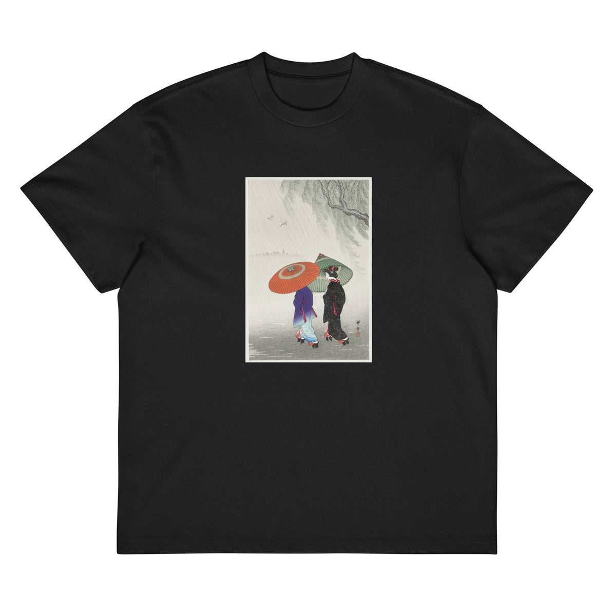 Black T-shirt Two Women In The Rain - Ohara Koson 1925 Signature