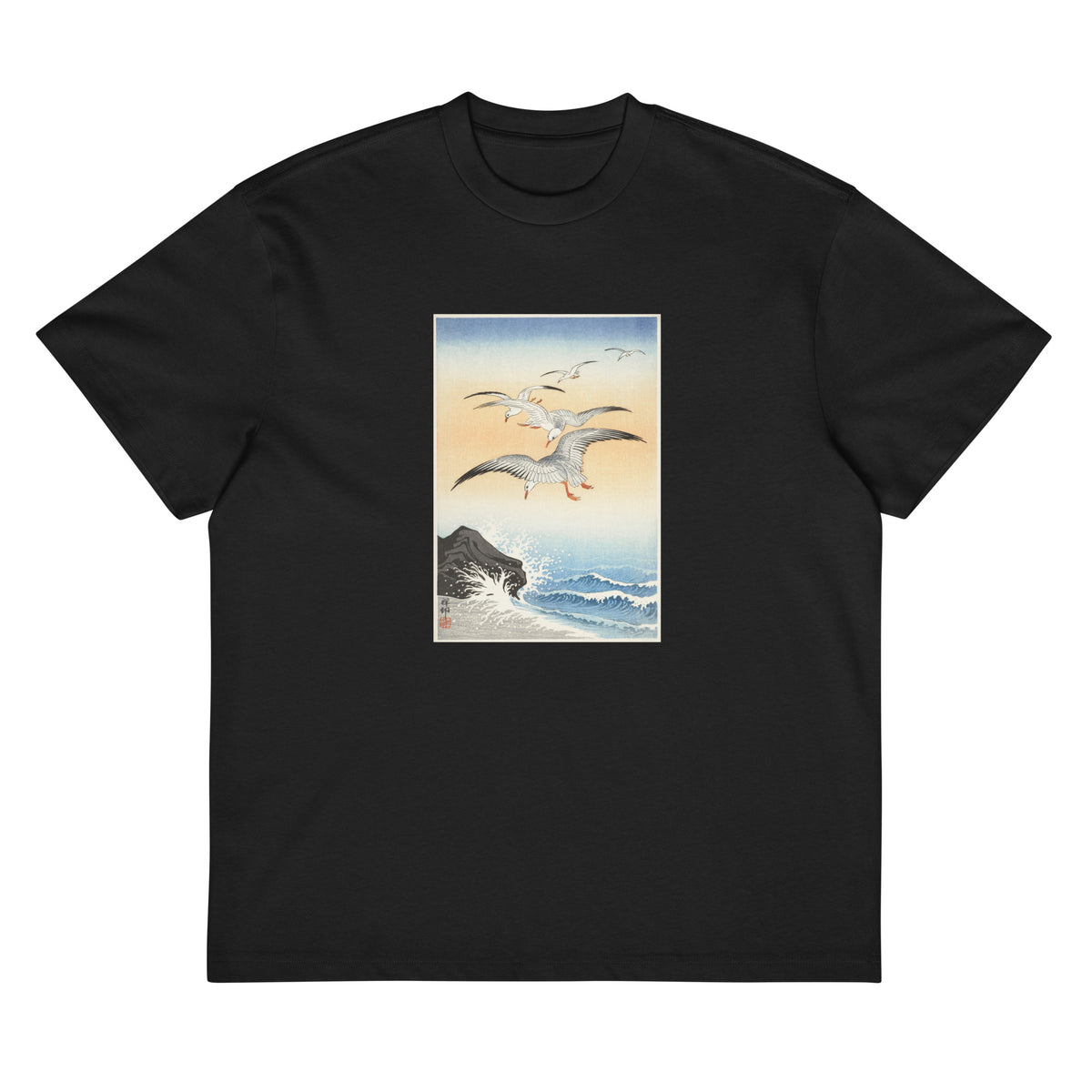 Black T-shirt Five Seagulls Above Turbulent Sea - Ohara Koson 1900 Signature