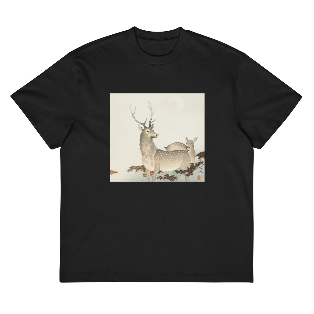 Black T-shirt Couple Of Deers - Ohara Koson 1900 Signature