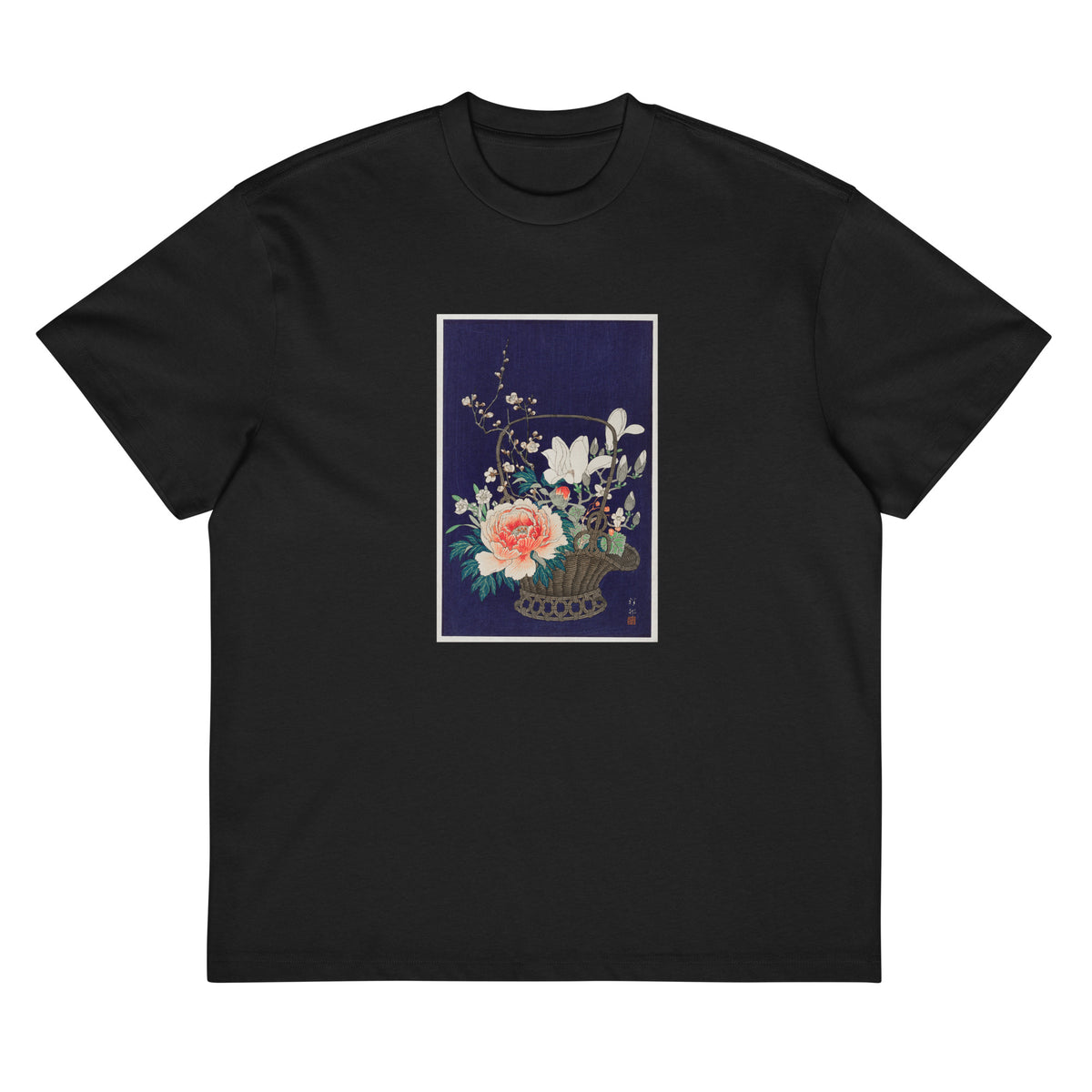 Black T-shirt Bamboo Flower Basket - Ohara Koson 1932 Signature