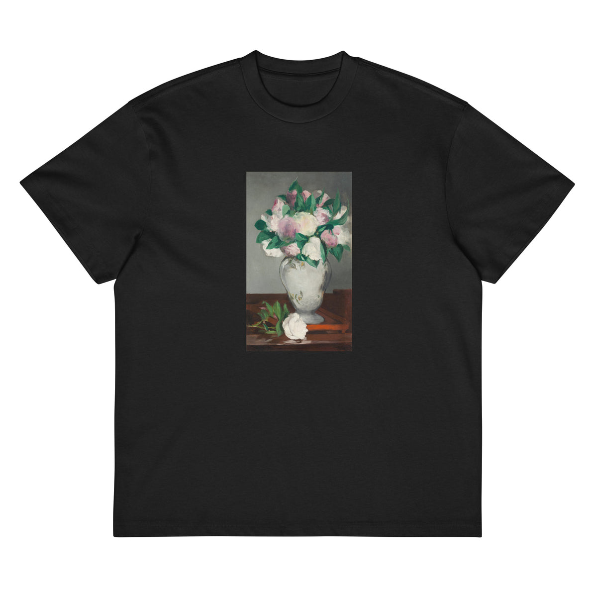 Black T-shirt Peonies Painting In High Resolution Signature