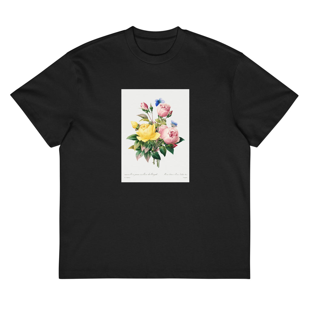 Black T-shirt Yellow Rose And Cabbage Rose - Pierre-Joseph Redoute 1759 Signature