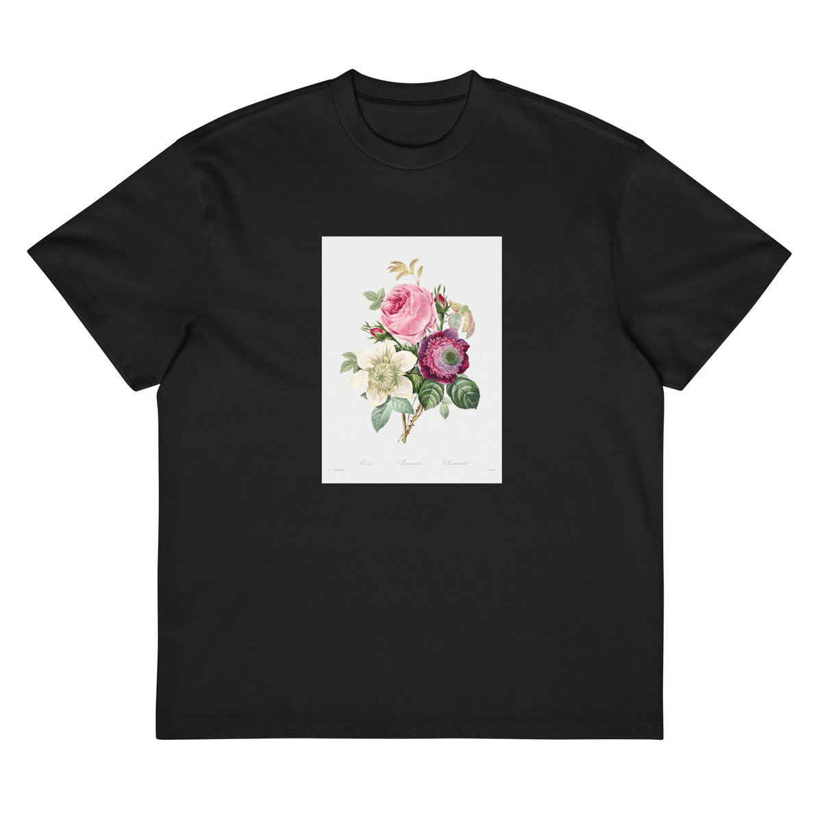 Black T-shirt Anemone And Cabbage Rose - Pierre-Joseph Redoute 1759 Signature