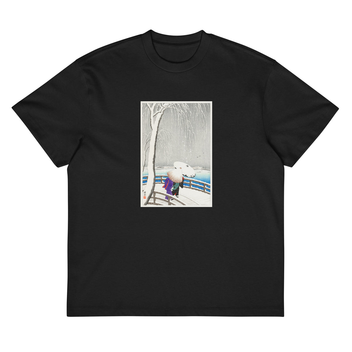 Black T-shirt Two Women In The Snow On Yanagi Bridge - Ohara Koson 1927 Signature