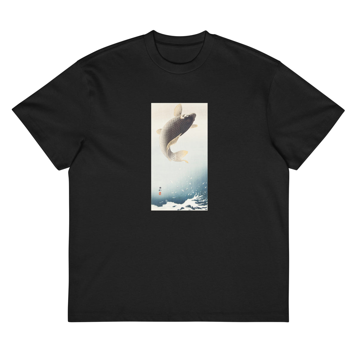 Black T-shirt A Jumping Carp - Ohara Koson 1900 Signature