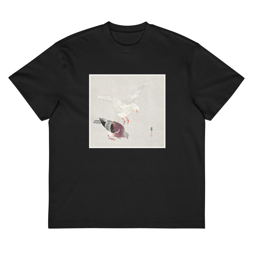 Black T-shirt Two Pigeons - Ohara Koson 1877 Signature