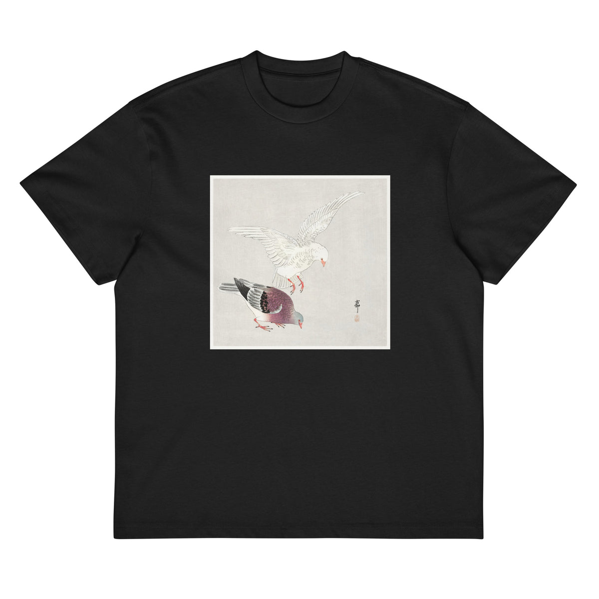 Black T-shirt Two Pigeons - Ohara Koson 1877 Signature