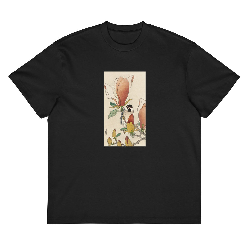 Black T-shirt Sparrow On Blooming Magnolia Branch - Ohara Koson 1900 Signature