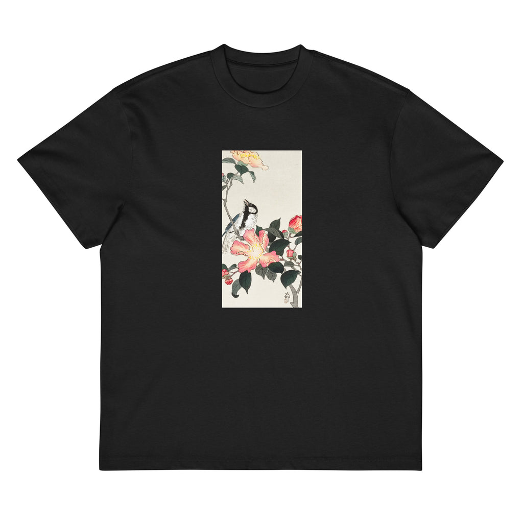 Black T-shirt Great Tit On Branch With Pink Flowers - Ohara Koson 1900 Signature