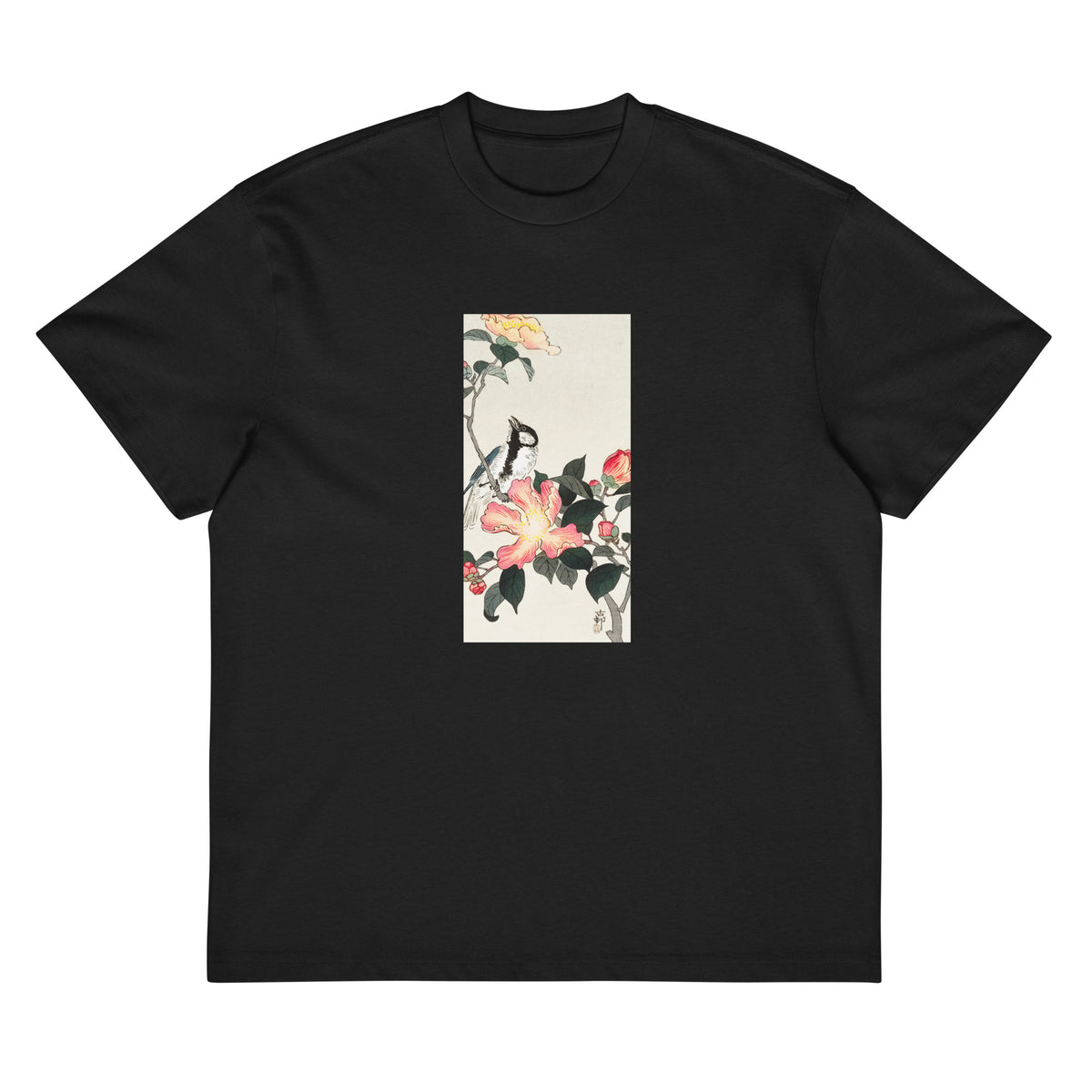 Black T-shirt Great Tit On Branch With Pink Flowers - Ohara Koson 1900 Signature