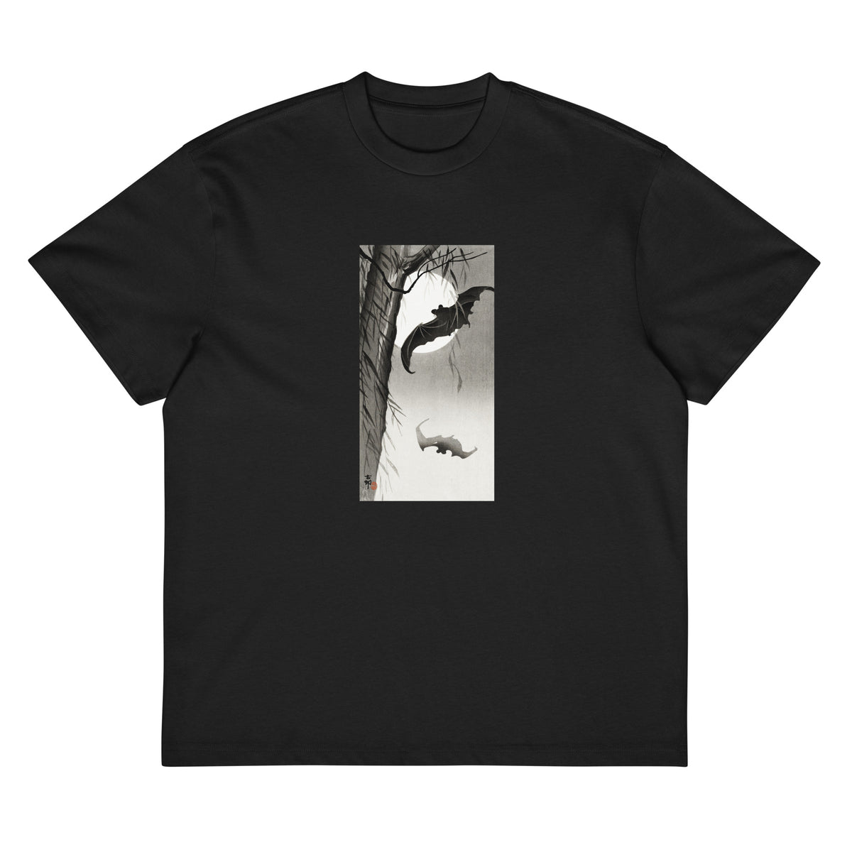 Black T-shirt Bats Under The Full Moon - Ohara Koson 1900 Signature