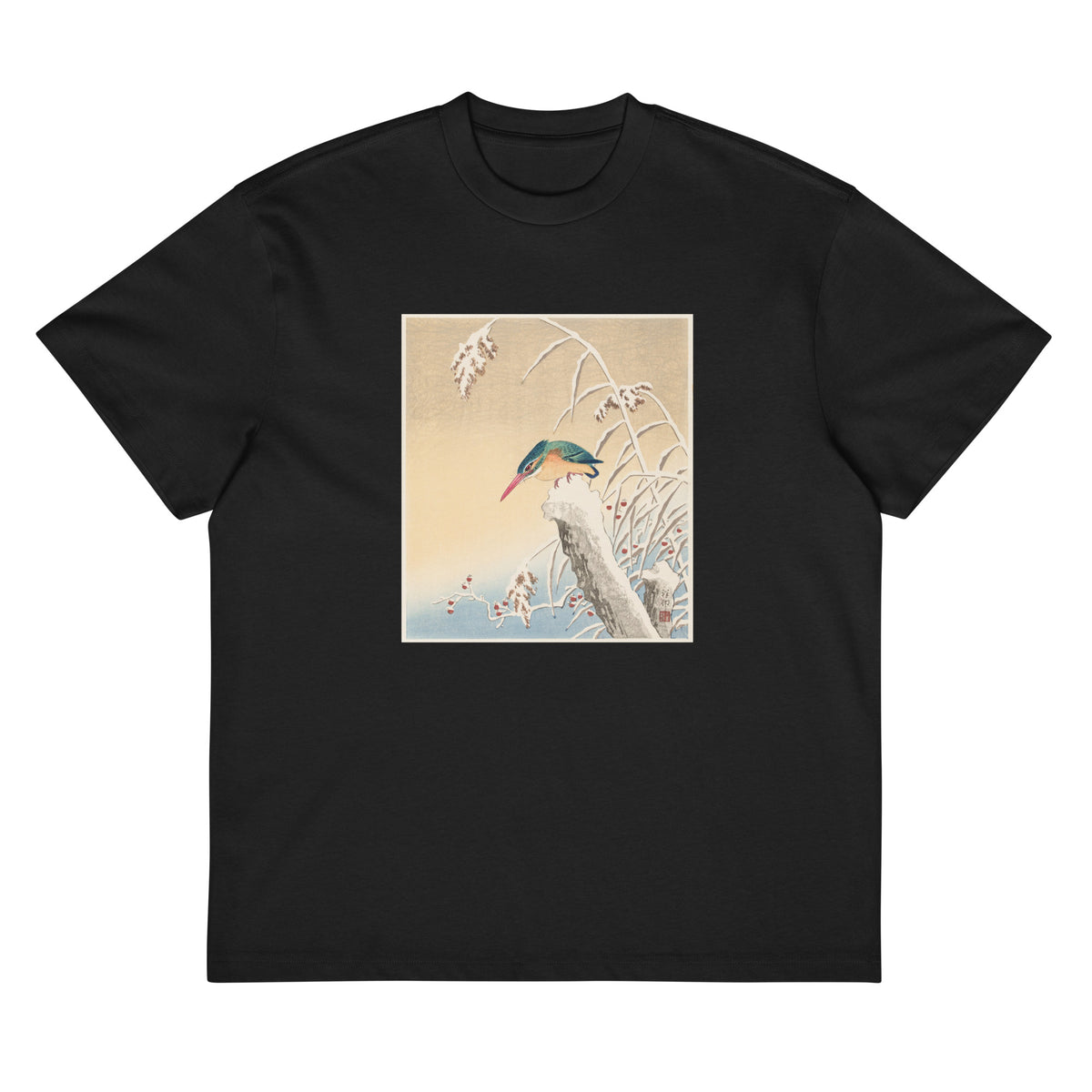 Black T-shirt Kingfisher In The Snow - Ohara Koson 1925 Signature