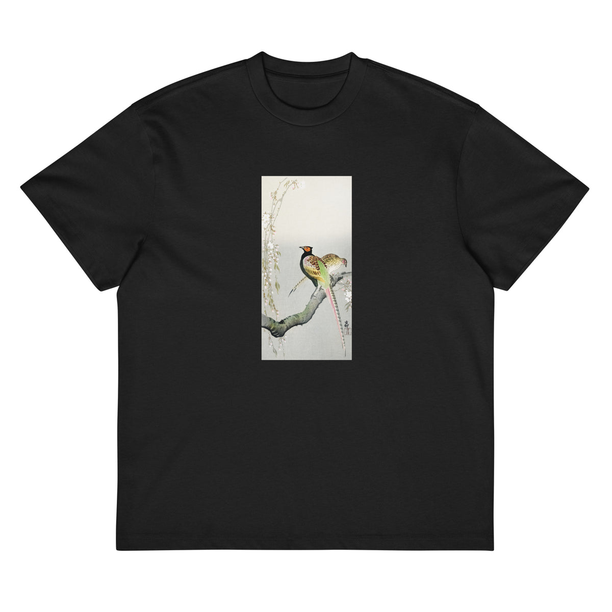 Black T-shirt Couple Pheasants And Cherry Blossom - Ohara Koson 1900 Signature
