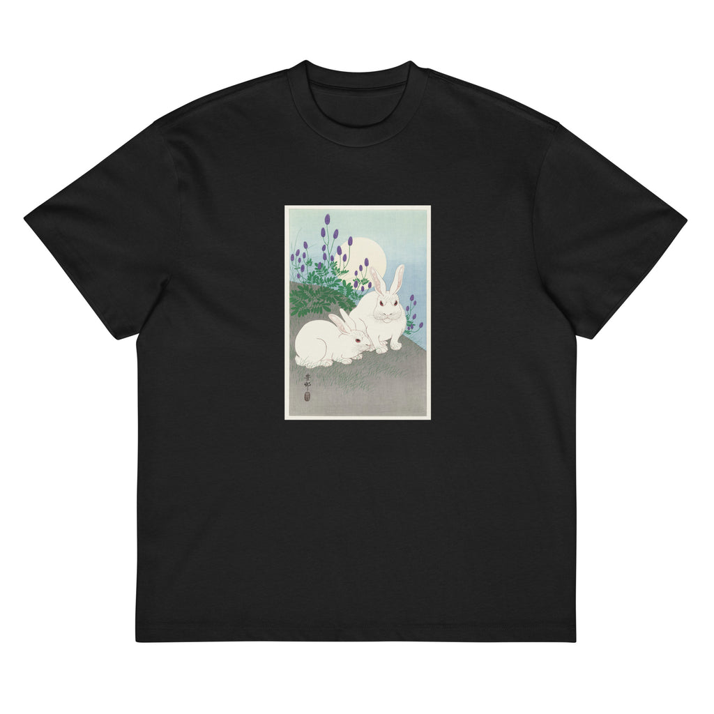 Black T-shirt Rabbits At Full Moon - Ohara Koson 1920 Signature