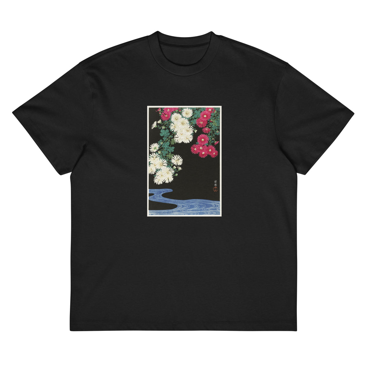 Black T-shirt Chrysanthemums - Ohara Koson 1925 Signature