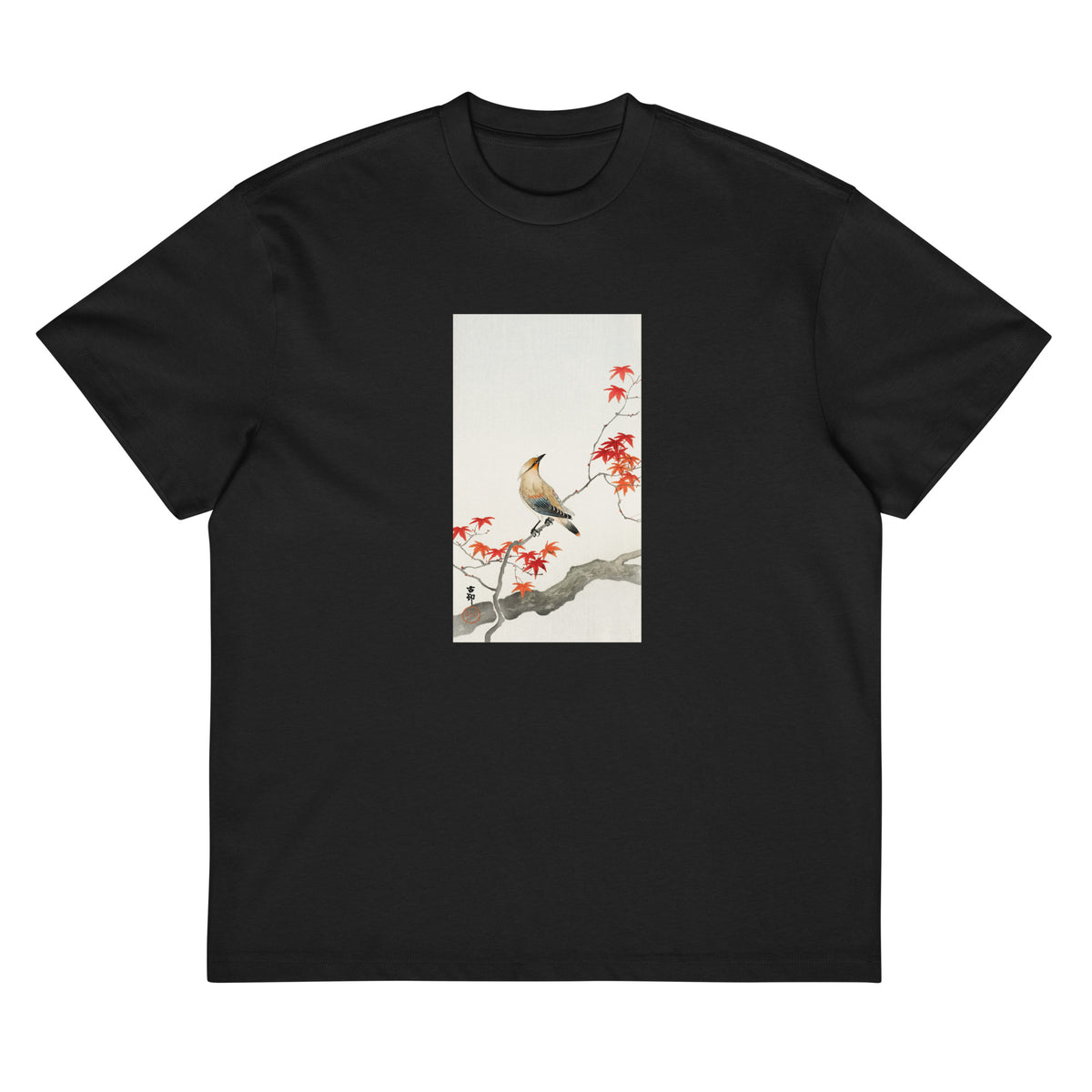 Black T-shirt Japanese Plague Bird On Maple - Ohara Koson 1900 Signature